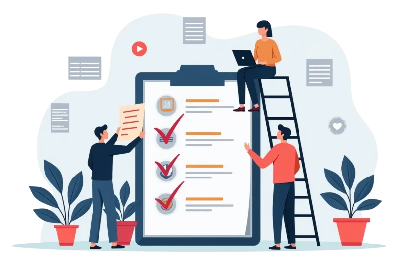Illustration of people checking reports